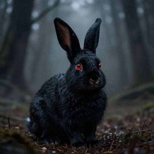 Eerie Black Rabbit in Dark Forest