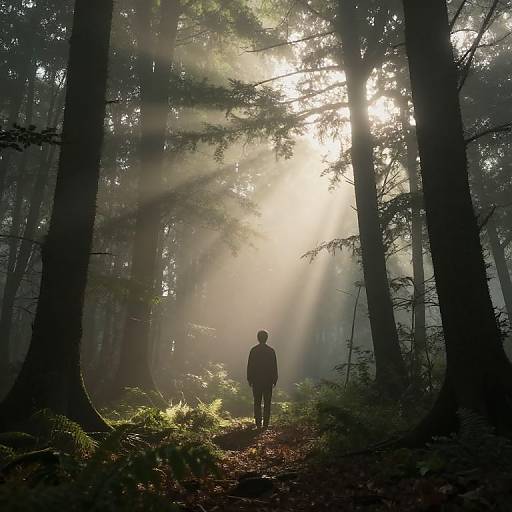 Photograph of a solitary figure standing in a sunlit, misty forest, surrounded by tall trees and beams of sunlight filtering through. Silhouet
