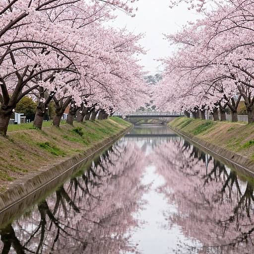 Photograph of a serene canal lined with cherry blossom trees, their pink flowers reflected perfectly in the calm water, creating a symmetrical, picturesque scene.