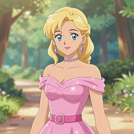 Digital anime-style drawing of a blonde woman with blue eyes, wearing a pink off-shoulder polka-dot dress, pink belt, and diamond earrings