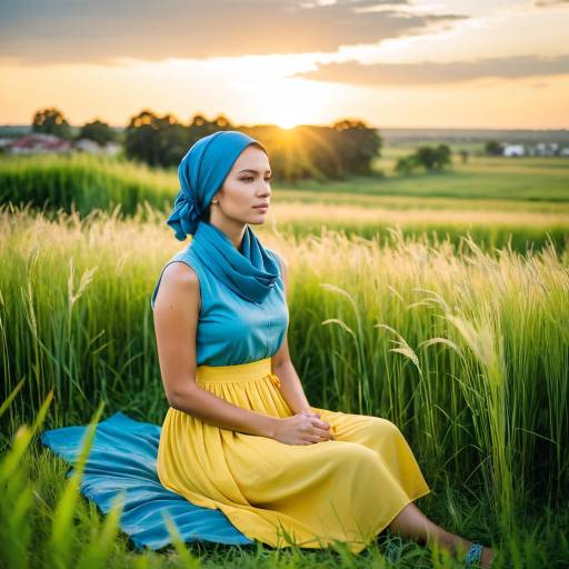 Young Woman in Yellow Dress Sitting in Green Field at Sunset