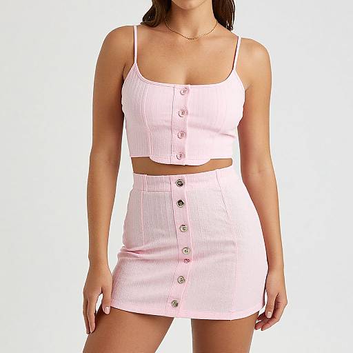Photograph of a woman wearing a pink ribbed crop top with button details and a matching high-waisted mini skirt, both with silver buttons,