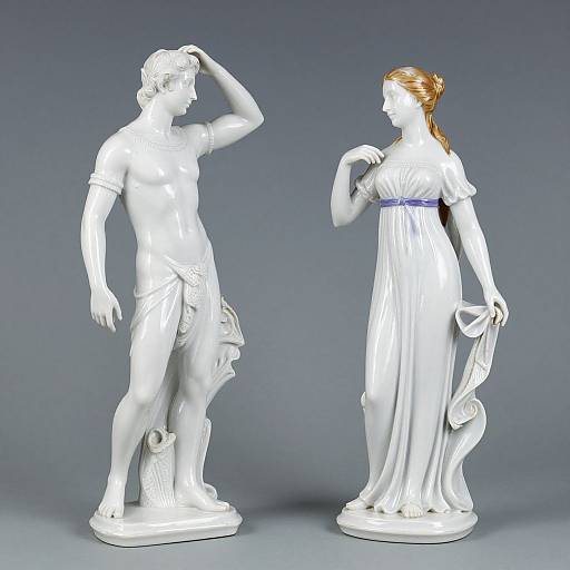 Photograph of two white porcelain statues: a muscular male with one hand on his head and a classical Greek-style dress, and a slender female with a