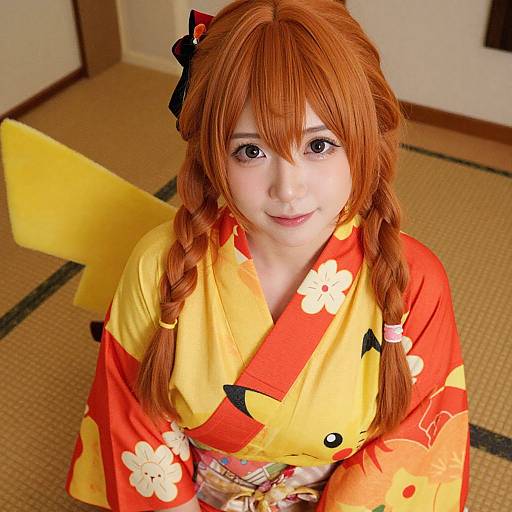 Photograph of a young Asian woman with red hair in braids, wearing a colorful yellow and red floral kimono, sitting in a traditional Japanese room
