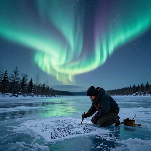 Photograph of a person in winter gear, kneeling on a frozen lake, drawing an intricate design under vibrant aurora borealis.