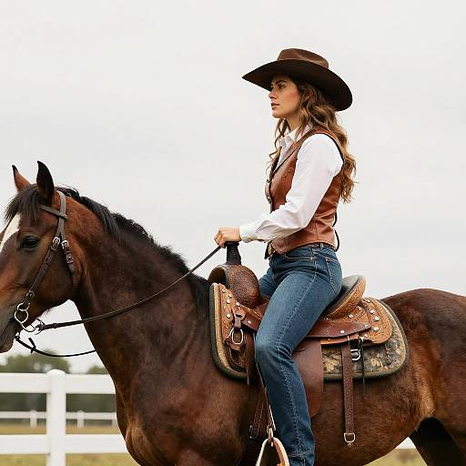 Cowgirl with Horse and Saddle