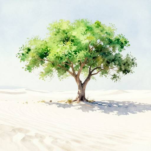 Watercolor painting of a single, lush green tree with a sturdy brown trunk, casting a shadow on a bright, white background.