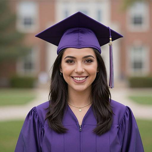 Photograph of a smiling young woman with long black hair, wearing a purple graduation cap and gown, standing in front of a blurred brick building.