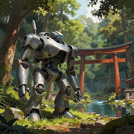 Cinematic Robot Among Mossy Ruins