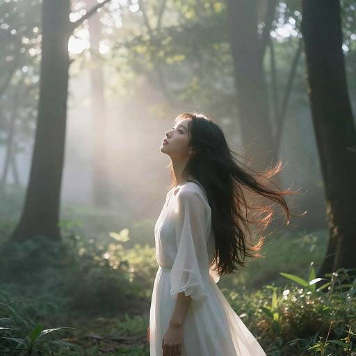 Photograph of a young woman with long, flowing black hair, wearing a sheer white dress, standing in a sunlit forest, her face tilted up