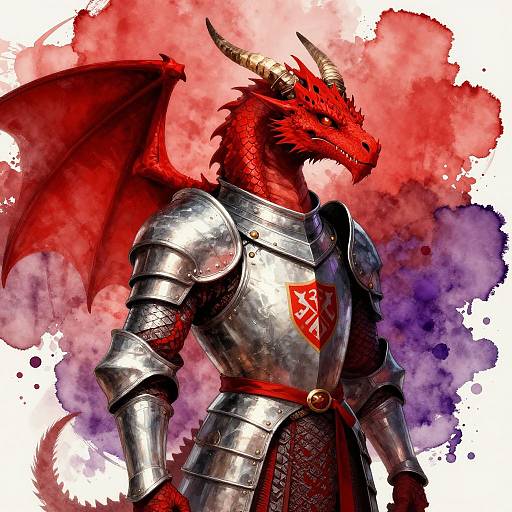Digital art of a red-scaled, muscular dragon warrior in shiny silver armor with a red emblem, standing against a vibrant red and purple watercolor background