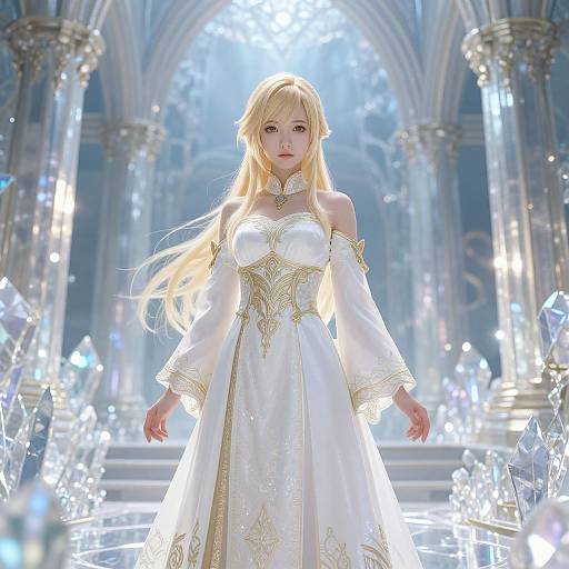 Digital artwork of a blonde, fair-skinned anime woman in a white, ornate, off-shoulder dress, standing in a crystal-filled,