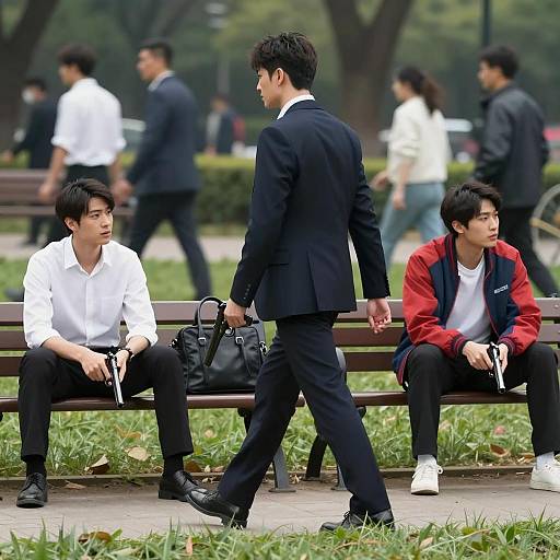 Three men with guns in park