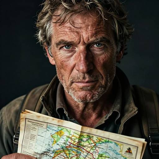 Photograph of a rugged, middle-aged man with gray hair and beard, holding a colorful map against a dark background, wearing a brown jacket and suspend