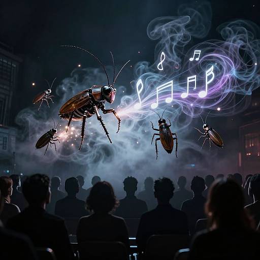 Photograph of a nighttime concert with floating, illuminated cockroaches against a backdrop of swirling blue smoke and musical notes. Silhouetted crowd in