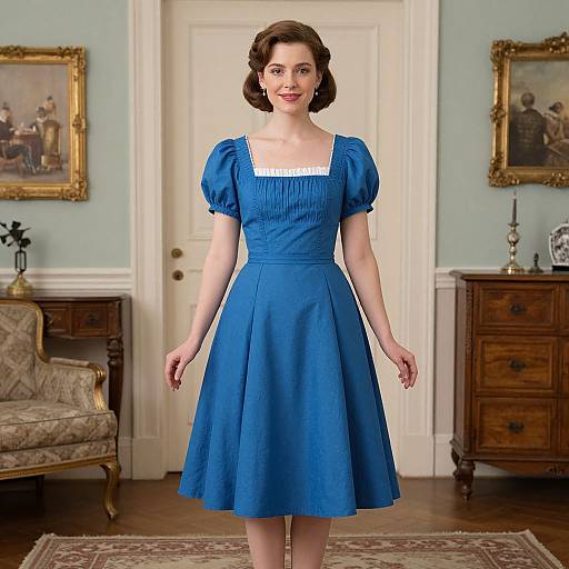 Photograph of a fair-skinned woman with brown, wavy hair in a vintage blue dress, standing in a classic, elegantly furnished room.