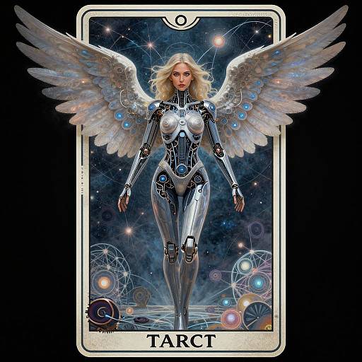 Digital art of a blonde woman with robotic wings, wearing a shiny, metallic suit, standing in a starry background within a tarot card frame labeled
