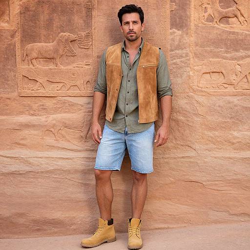 Photograph of a muscular man with short dark hair, wearing a brown suede vest, green shirt, light blue shorts, and yellow boots, standing against