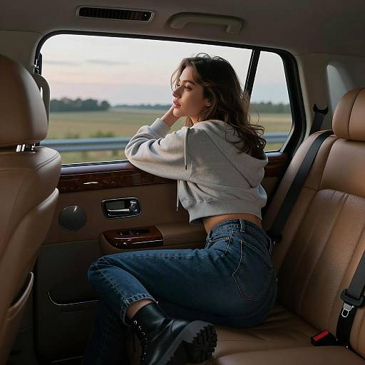 Woman in luxury car looking out window