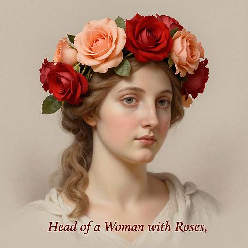 Digital painting of a fair-skinned woman with soft curls, wearing a floral crown of red and peach roses, with text 
