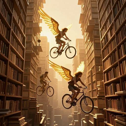 Cyberpunk Angels Riding Bicycle Bookshelves