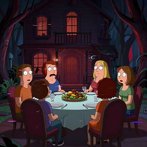 Cartoon family of five with wide eyes around a dinner table, illuminated by eerie house lights in a dark forest. Digital art.