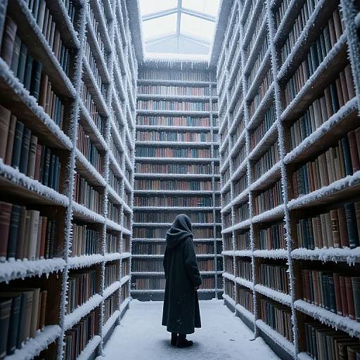 Photograph of a solitary figure in a black coat and hood, standing amidst snow-covered bookshelves in a vast, icy library aisle.