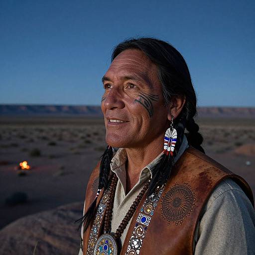 Photograph of a smiling, elderly Native American man with long black hair, adorned in traditional jewelry, standing in a desert at dusk.