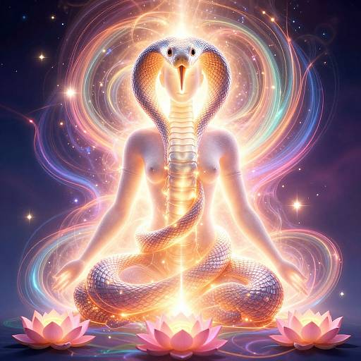 Digital artwork of a glowing, serpent-like figure with a cobra head, sitting cross-legged among pink lotus flowers, surrounded by radiant, colorful light