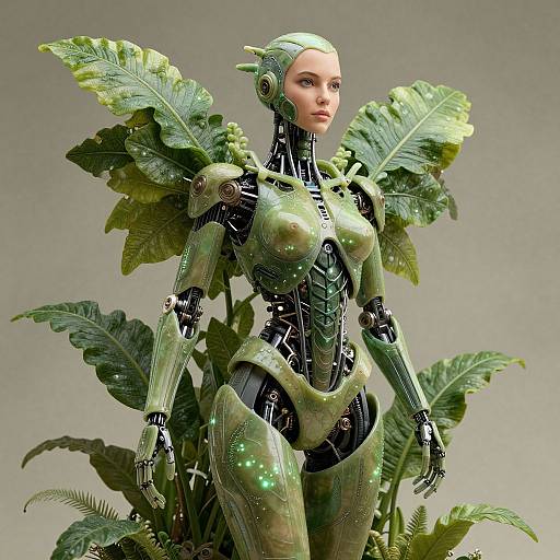 Digital art of a futuristic, green leaf-covered humanoid robot with large leaves as wings, standing against a neutral gray background.