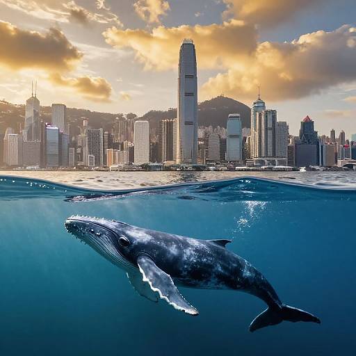 Whales Near Majestic Cityscape at Sunset