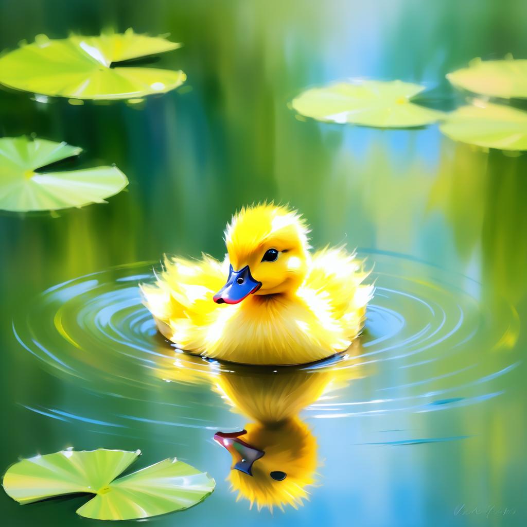 Impressionist Duckling in Serene Pond