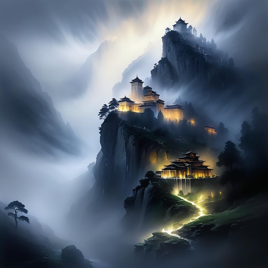 Misty Mountain Monastery Under Dramatic Light