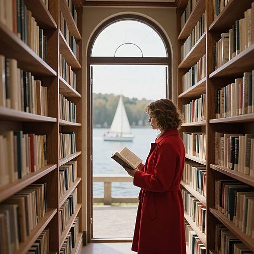 Woman Reading by Lakeside Library Door