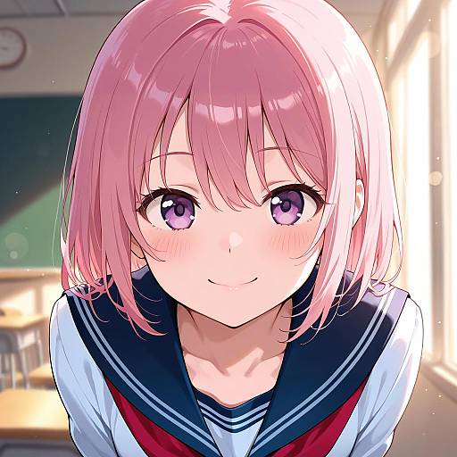 Anime-style digital illustration of a cute girl with pink bob-cut hair, purple eyes, and a navy blue sailor school uniform, smiling softly in a brightly