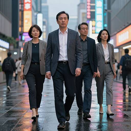 Photograph of four Asian business professionals, two men and two women, walking on a rain-soaked, neon-lit city street at night.