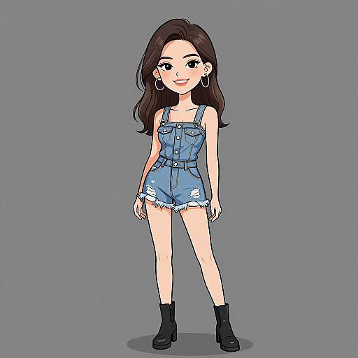 Digital illustration of a smiling young woman with long dark hair, wearing a blue denim romper, black ankle boots, and large hoop earrings, standing against