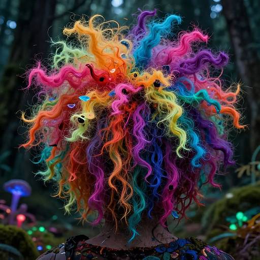 Photograph of a person's back with a vibrant, rainbow-colored, curly wig featuring neon lights, set in a dark, forested background.