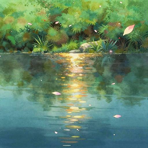 Digital painting of a serene pond reflecting sunlight, surrounded by lush, green tropical foliage with scattered white petals.