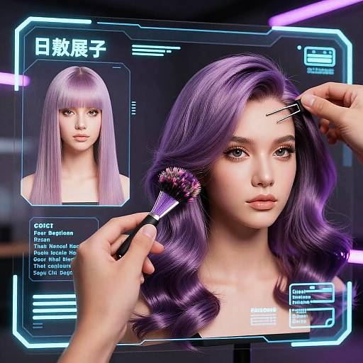 Digital art of a woman with purple hair being styled, futuristic interface, dual images, text in Japanese and English, neon accents.