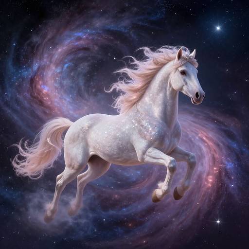 Digital artwork of a white, glowing, ethereal horse with a flowing pink mane, galloping through a swirling, starry, cosmic nebula