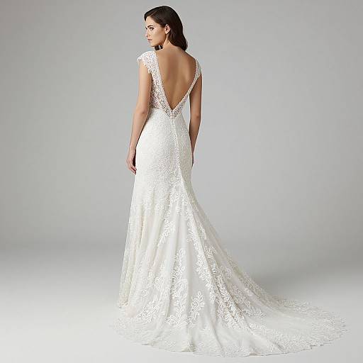 Photograph of a woman with dark hair in a white, lace, backless, mermaid-style wedding dress, standing against a plain gray background.