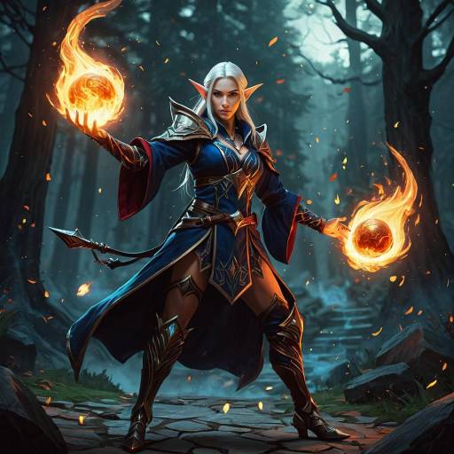 Elven Mage Casting Fireball in Enchanted Forest
