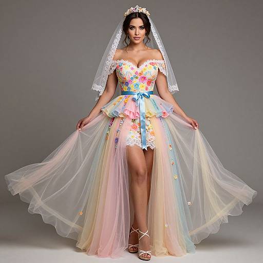 Photograph of a woman in a colorful, off-shoulder, floral-patterned wedding dress with a sheer, rainbow-hued tulle skirt and