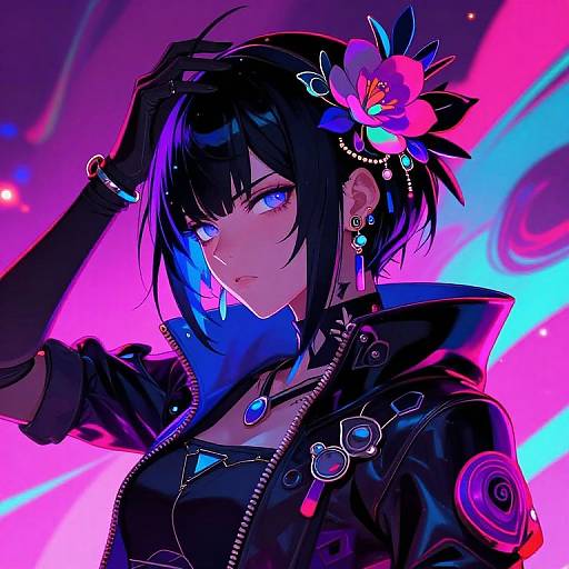 Digital anime-style portrait of a black-haired, blue-eyed woman with a flower in her hair, wearing a black leather jacket and gloves, set against a