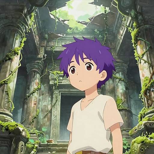 Anime-style drawing of a purple-haired boy with wide eyes, wearing a white t-shirt, standing in a moss-covered, ruined ancient temple with cracked columns