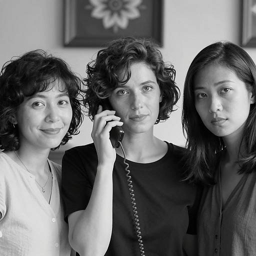 Black and White Portrait of Three Women with Phone