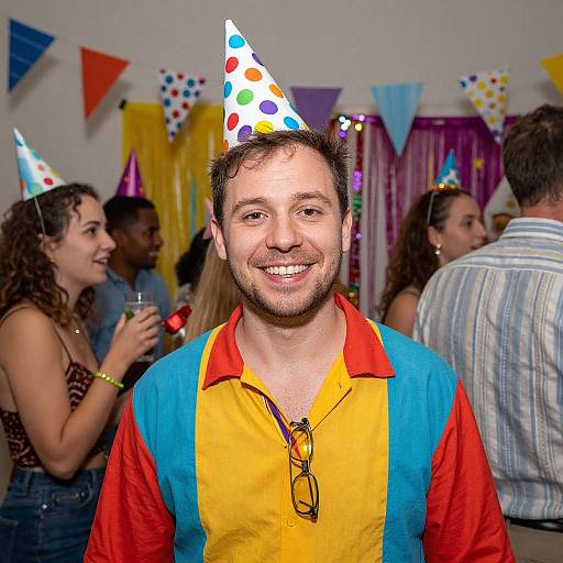Photograph of a smiling bearded man in a colorful party hat and yellow-red-blue shirt, standing at a festive party with decorated banners and guests in