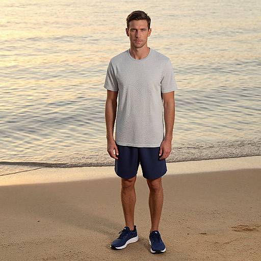 Photograph of a fit, Caucasian man with short brown hair, wearing a light gray t-shirt, navy shorts, and blue sneakers, standing on a