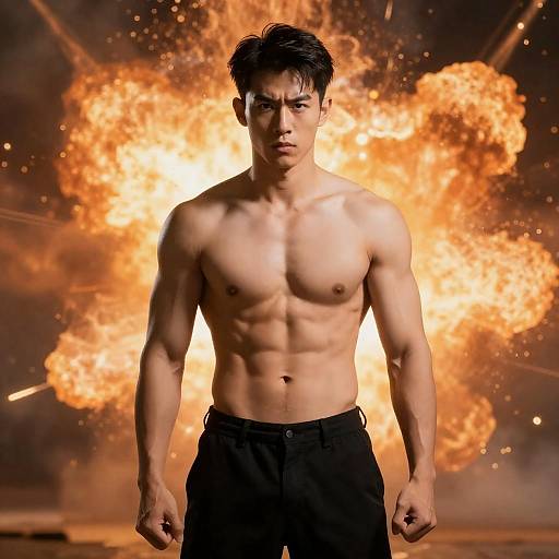 Intense Asian Man Amidst Orange Explosion